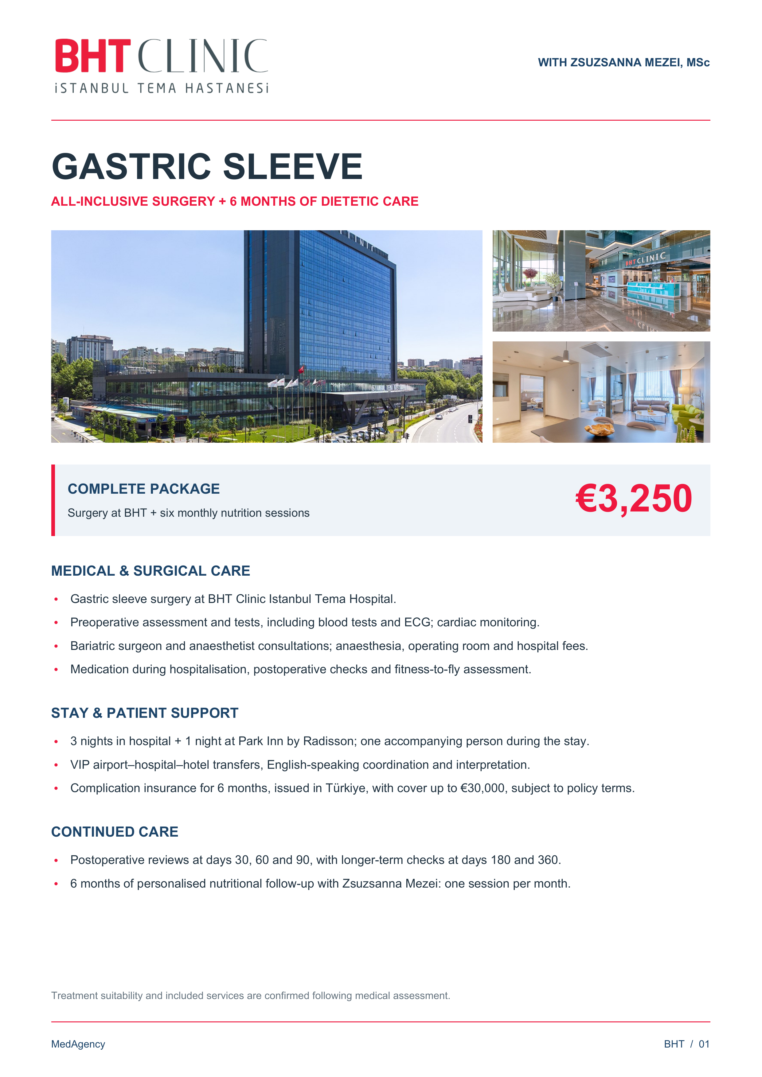 Approved BHT Gastric Sleeve brochure, page 1 of 2, with BHT Clinic and hospital photographs and the package overview.