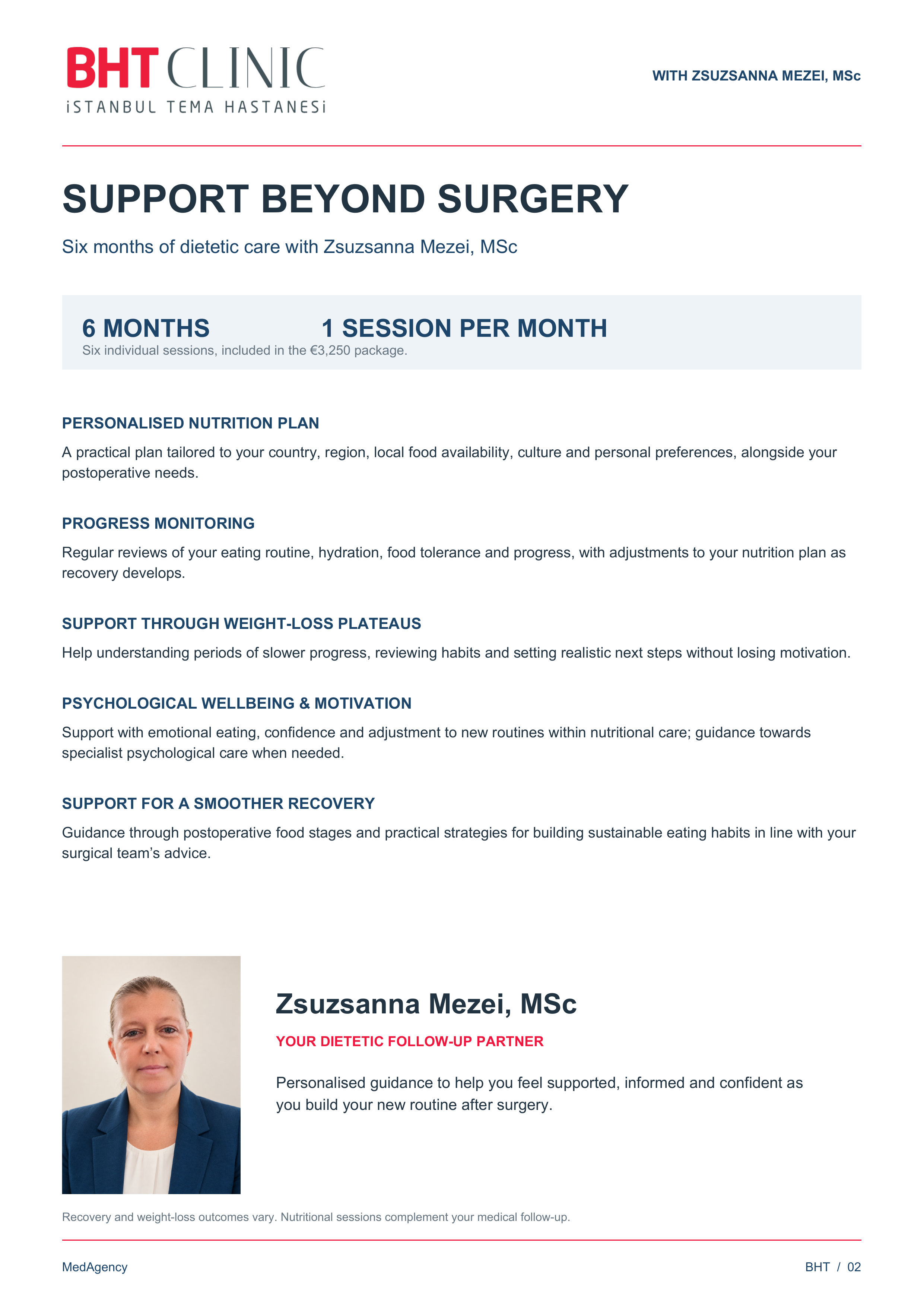 Approved BHT Gastric Sleeve brochure, page 2 of 2, with support information and a photograph of Zsuzsanna Mezei.